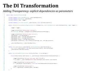 The DI Transformation
Adding Transparency: explicit dependencies as parameters
 