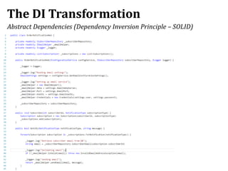 The DI Transformation
Abstract Dependencies (Dependency Inversion Principle – SOLID)
 