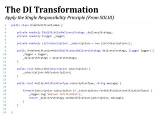 The DI Transformation
Apply the Single Responsibility Principle (From SOLID)
 