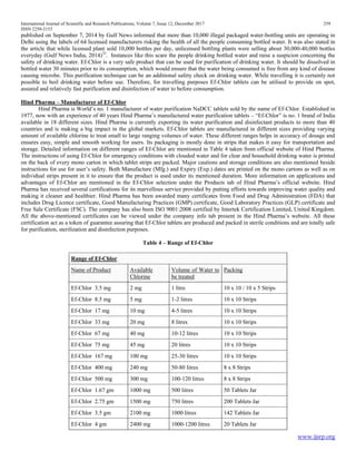 International Journal of Scientific and Research Publications, Volume 7, Issue 12, December 2017 259
ISSN 2250-3153
www.ijsrp.org
published on September 7, 2014 by Gulf News informed that more than 10,000 illegal packaged water-bottling units are operating in
Delhi using the labels of 64 licensed manufacturers risking the health of all the people consuming bottled water. It was also stated in
the article that while licensed plant sold 10,000 bottles per day, unlicensed bottling plants were selling about 30,000-40,000 bottles
everyday (Gulf News India, 2014)33
. Instances like this scare the people drinking bottled water and raise a suspicion concerning the
safety of drinking water. Ef-Chlor is a very safe product that can be used for purification of drinking water. It should be dissolved in
bottled water 30 minutes prior to its consumption, which would ensure that the water being consumed is free from any kind of disease
causing microbe. This purification technique can be an additional safety check on drinking water. While travelling it is certainly not
possible to boil drinking water before use. Therefore, for travelling purposes Ef-Chlor tablets can be utilised to provide on spot,
assured and relatively fast purification and disinfection of water to before consumption.
Hind Pharma – Manufacturer of Ef-Chlor
Hind Pharma is World’s no. 1 manufacturer of water purification NaDCC tablets sold by the name of Ef-Chlor. Established in
1977, now with an experience of 40 years Hind Pharma’s manufactured water purification tablets – “Ef-Chlor” is no. 1 brand of India
available in 18 different sizes. Hind Pharma is currently exporting its water purification and disinfectant products to more than 40
countries and is making a big impact in the global markets. Ef-Chlor tablets are manufactured in different sizes providing varying
amount of available chlorine to treat small to large ranging volumes of water. These different ranges helps in accuracy of dosage and
ensures easy, simple and smooth working for users. Its packaging is mostly done in strips that makes it easy for transportation and
storage. Detailed information on different ranges of Ef-Chlor are mentioned in Table 4 taken from official website of Hind Pharma.
The instructions of using Ef-Chlor for emergency conditions with clouded water and for clear and household drinking water is printed
on the back of every mono carton in which tablet strips are packed. Major cautions and storage conditions are also mentioned beside
instructions for use for user’s safety. Both Manufacture (Mfg.) and Expiry (Exp.) dates are printed on the mono cartons as well as on
individual strips present in it to ensure that the product is used under its mentioned duration. More information on applications and
advantages of Ef-Chlor are mentioned in the Ef-Chlor selection under the Products tab of Hind Pharma’s official website. Hind
Pharma has received several certifications for its marvellous service provided by putting efforts towards improving water quality and
making it cleaner and healthier. Hind Pharma has been awarded many certificates from Food and Drug Administration (FDA) that
includes Drug Licence certificate, Good Manufacturing Practices (GMP) certificate, Good Laboratory Practices (GLP) certificate and
Free Sale Certificate (FSC). The company has also been ISO 9001:2008 certified by Intertek Certification Limited, United Kingdom.
All the above-mentioned certificates can be viewed under the company info tab present in the Hind Pharma’s website. All these
certification act as a token of guarantee assuring that Ef-Chlor tablets are produced and packed in sterile conditions and are totally safe
for purification, sterilization and disinfection purposes.
Table 4 – Range of Ef-Chlor
Range of Ef-Chlor
Name of Product Available
Chlorine
Volume of Water to
be treated
Packing
Ef-Chlor 3.5 mg 2 mg 1 litre 10 x 10 / 10 x 5 Strips
Ef-Chlor 8.5 mg 5 mg 1-2 litres 10 x 10 Strips
Ef-Chlor 17 mg 10 mg 4-5 litres 10 x 10 Strips
Ef-Chlor 33 mg 20 mg 8 litres 10 x 10 Strips
Ef-Chlor 67 mg 40 mg 10-12 litres 10 x 10 Strips
Ef-Chlor 75 mg 45 mg 20 litres 10 x 10 Strips
Ef-Chlor 167 mg 100 mg 25-30 litres 10 x 10 Strips
Ef-Chlor 400 mg 240 mg 50-80 litres 8 x 8 Strips
Ef-Chlor 500 mg 300 mg 100-120 litres 8 x 8 Strips
Ef-Chlor 1.67 gm 1000 mg 500 litres 50 Tablets Jar
Ef-Chlor 2.75 gm 1500 mg 750 litres 200 Tablets Jar
Ef-Chlor 3.5 gm 2100 mg 1000 litres 142 Tablets Jar
Ef-Chlor 4 gm 2400 mg 1000-1200 litres 20 Tablets Jar
 