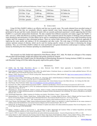 International Journal of Scientific and Research Publications, Volume 7, Issue 12, December 2017 260
ISSN 2250-3153
www.ijsrp.org
Ef-Chlor 8.68 gm 5,000 mg 2500 litres 50 Tablets Jar
Ef-Chlor 15 gm 9,000 mg 4500 litres 50 Tablets Jar
Ef-Chlor 200 gm 1,20,000 mg 50000 litres 5 Tablets Jar
Ef-Chlor granules 60 % 50000 litres 1 kg Jar
II. CONCLUSION
Using Ef-Chlor (NaDCC) tablets is an effective and fast way to purify water. The results obtained from microbial testing of
these tablets prove that they are remarkably effective against harmful water borne disease-causing pathogens. The researches
performed in the past and their results obtained do match with our currently performed experiment’s results supporting that Ef-Chlor
(NaDCC) is a powerful antimicrobial disinfectant. The data compiled from different researches and studies suggest that NaDCC is
safer, non-toxic, stable and efficient in working compared to any other compound used for the purpose of drinking water purification,
water disinfection and sterilization. Ef-Chlor tablets can be used as a multipurpose disinfectant and are more stable formulation having
a higher shelf life compared to other chlorinated products. There are various fields where Ef-Chlor can be effectively applicable in
improving the water quality and making it fit for consumption and other works. The wide range of Ef-Chlor manufactured that
contains optimum amount of chlorine, which can be used for treating specific volume of water helps in eliminating the dosage
problems. Thus, use of Ef-Chlor (NaDCC) tablets for water purification and general disinfection could prosper in making a healthy
society by eliminating the risk of diseases spreading via contaminated water.
ACKNOWLEDGMENT
This research was fully funded and supported by Hind Pharma, Bhopal, M.P., India. We thank our colleagues of the company
who provided with knowledge, insight and expertise that greatly assisted our research.
We would also like to thank Center for Microbiology & Biotechnology Research & Training Institute (CMBT) for assistance
with Microbial Testing of Ef-Chlor tablets that greatly improved the quality of paper.
REFERENCES
[1] Chabba Ajay Pal Singh, Water-Borne Diseases in India. Retrieved from RESET- Smart approaches to Sustainability, (31-05-2013) :
https://en.reset.org/blog/water-borne-diseases-india
[2] Kosek Margaret, Guerrant L. Richard, Bern Caryn. (2003). The global burden of diarrhoeal disease, as estimated from studies published between 1992 and
2000. Bulletin of the World Health Organization. 81(3), 197-204.
[3] Berman J. WHO: Waterborne Disease is World's Leading Killer. Retrieved from VOA News, (2009, October 29).: https://www.voanews.com/a/a-13-2005-03-17-
voa34-67381152/274768.html
[4] Yang Kun, LeJeune Jeffrey, Alsdorf Doug, Lu Bo, Shum C. K., Liang Song. (2012). Global Distribution of Outbreaks of Water-Associated Infectious Diseases.
PLoS Neglected Tropical Diseases. 6(2):e1483. doi:10.1371/journal.pntd.0001483.
[5] Mudur G. (2003). India’s burden of waterborne diseases is underestimated. BMJ : British Medical Journal. 326 (7402):1284. doi: 10.1136/bmj.326.7402.1284
[6] Hind Pharma. Water Purification Tablets: http://www.hindpharma.com/water_purification_tablets.html
[7] Kuznesof P. M. ( 2004 ). Sodium Dichloroisocyanurate (NaDCC – anhydrous and dihydrate). Chemical and Technical Assessment 61st JECFA FAO .
[8] Bloomfield Sally F., Miles Gwynedd A. (1979). The Antibacterial Properties of Sodium Dichloroisocyanurate and Sodium Hypochlorite Formulations. Journal of
Applied Bacteriology, 46, 65-73.
[9] Morgenthau Ari , Nicolae Alexandru M., Andrew E. Laursen , Daniel A. Foucher , Gideon M. Wolfaardt & Martina Hausner (2012). Assessment of the working
range and effect of sodium dichloroisocyanurate on Pseudomonas aeruginosa biofilms and planktonic cells, Biofouling: The Journal of Bioadhesion and Biofilm
Research. 28:1, 111-120.
[10] World Health Organization . (2004). Guidelines for Drinking-water Quality, Third Edition, Volume 1 . Geneva: WHO.
[11] Hammond Bruce G., Steve J. Barbee, Takeshi Inoue , Norihisa Ishida, George J. Levinskas, Michel W.Stevens, Allen G. Wheeler and Tito Cascieri (1986). A
Review of Toxicology Studies on Cyanurate and its Chlorinated Derivatives. Environmental Health Perspectives , Vol. 69, pp. 287-292.
[12] D’Auria, F.D., Simonetti, G., Strippoli, V., 1989. Antimicrobial activity exerted by sodium dichloroisocyanurate. Ann. Ig. 1 (6), 1445–58.
[13] Clasen Thomas, Paul Edmondson. (2006). Sodium dichloroisocyanurate (NaDCC) tablets as an alternative to sodium hypochlorite for the routine treatment of
drinking water at the household level. International Journal of Hygiene and Environmental Health , 209, 173–181.
[14] Parkinson M., M. Prendergast & A.J. Sayegh. (1996). Sterilisation of explants and cultures with sodium dichloroisocyanurate. Plant Growth Regulation , 20, 61–
66. doi: https://doi.org/10.1007/BF00024060
[15]
[16] Heling I., Rotstein I., Dinur T., Szwec-Levine Y. and Steinberg D. (2001). Bactericidal and Cytotoxic Effects of Sodium Hypochlorite and Sodium
Dichloroisocyanurate Solutions In Vitro. Journal of Endodontics , VOL. 27, NO. 4, APRIL 2001.
[17] Coates D. (1985). A comparison of sodium hypochlorite and sodium dichloroisocyanurate products . Journal of Hospital Infection (1985), 6, 31-40.
[18] Fawley Warren N., Sarah Underwood, Jane Freeman, Simon D. Baines, Katie Saxton, Keith Stephenson, Robert C. Owens, Mark H. Wilcox. (2007). Efficacy of
Hospital Cleaning Agents and Germicides Against Epidemic Clostridium difficile Strains. Infection control and hospital epidemiology , vol. 28, no. 8.
 