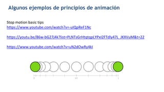 Algunos ejemplos de principios de animación
Stop motion basic tips
https://www.youtube.com/watch?v=-uIQpReF1Nc
https://youtu.be/86w-bG27j4k?list=PLNTsGrHtqtqpLYPxI2FTdly47L_JKXVuM&t=22
https://www.youtube.com/watch?v=uN2dOwRy4kI
 