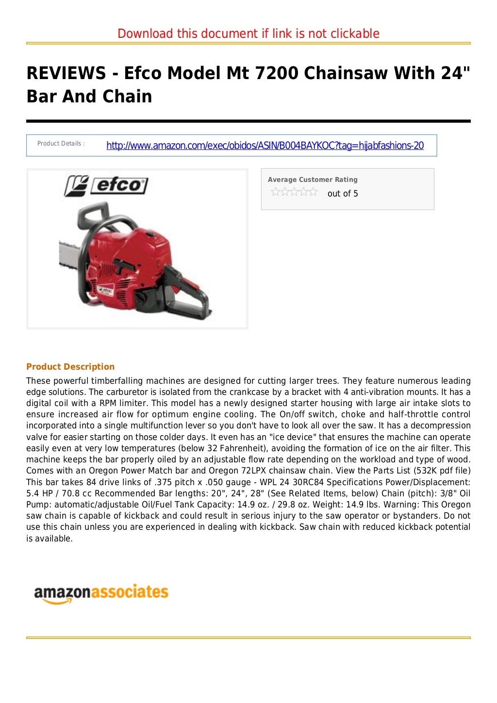 Efco model mt 7200 chainsaw with 24 bar and chain