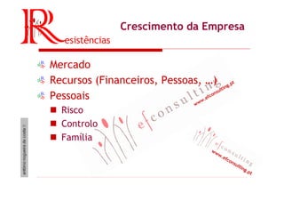 www.efconsulting.pt
www.efconsulting.pt
Crescimento da Empresa
Mercado
Recursos (Financeiros, Pessoas, …)
Pessoais
Risco
C...