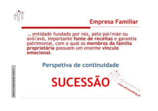Empresa Familiar 
… entidade fundada por nós, pelo pai/mãe ou 
avô/avó, importante fonte de receitas e garantia 
patrimoni...