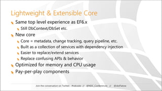 Join the conversation on Twitter: #ndcoslo // @NDC_Conferences // @idoFlatow
Lightweight & Extensible Core
Same top level experience as EF6.x
Still DbContext/DbSet etc.
New core
Core = metadata, change tracking, query pipeline, etc.
Built as a collection of services with dependency injection
Easier to replace/extend services
Replace confusing APIs & behavior
Optimized for memory and CPU usage
Pay-per-play components
 
