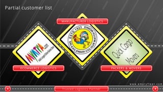 Trusted Logistics Partner
w w w . e m p t y f l e e t . c o m
MANUFACTURER LOGISTICS
ECOMMERCE LOGISTICS PACKERS & MOVERS
Partial customer list
 