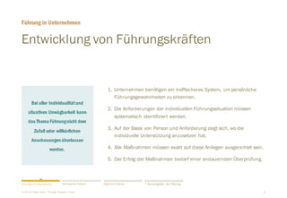 6
Bei aller Individualitätund
situativen Unwägbarkeit kann
das Thema Führungnicht dem
Zufall oder willkürlichen
Anschauungen überlassen
werden.
Entwicklung von Führungskräften
1. Unternehmen benötigen ein treffsicheres System, um persönliche
Führungsgewohnheiten zu erkennen.
2. Die Anforderungen der individuellen Führungssituation müssen
systematisch identifiziert werden.
3. Auf der Basis von Person und Anforderung zeigt sich, wo die
individuelle Unterstützung anzusetzen hat.
4. Alle Maßnahmen müssen exakt auf diese Anliegen ausgerichtet sein.
5. Der Erfolg der Maßnahmen bedarf einer andauernden Überprüfung.
Führung in Unternehmen
​© 2016 Peter Rost - Change Support Team
Führung in Unternehmen Natürlich FührenWirksamer Führen 7 Kernaufgaben der Führung
 