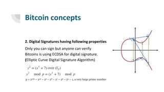Bitcoin concepts
2. Digital Signatures having following properties
Only you can sign but anyone can verify
Bitcoins is using ECDSA for digital signature.
(Elliptic Curve Digital Signature Algorithm)
p = 2256 – 232 – 29 – 28 – 27 – 26 – 24 – 1, a very large prime number
 