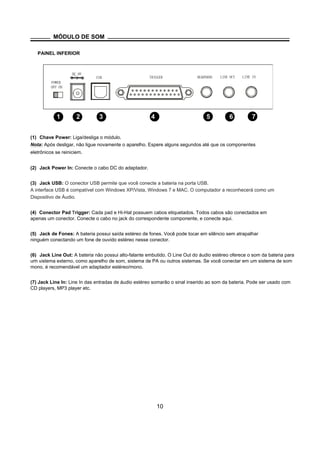 MÓDULO DE SOM
PAINEL INFERIOR
DC 9V
USB TRIGGER HEADPHONE LINE OUT LINE IN
POWER
OFF ON
1 2 3 4 5 6 7
(1) Chave Power: Liga/desliga o módulo.
Nota: Após desligar, não ligue novamente o aparelho. Espere alguns segundos até que os componentes
eletrônicos se reiniciem.
(2) Jack Power In: Conecte o cabo DC do adaptador.
(3) Jack USB: O conector USB permite que você conecte a bateria na porta USB.
A interface USB é compatível com Windows XP/Vista, Windows 7 e MAC. O computador a reconhecerá como um
Dispositivo de Áudio.
(4) Conector Pad Trigger: Cada pad e Hi-Hat possuem cabos etiquetados. Todos cabos são conectados em
apenas um conector. Conecte o cabo no jack do correspondente componente, e conecte aqui.
(5) Jack de Fones: A bateria possui saída estéreo de fones. Você pode tocar em silêncio sem atrapalhar
ninguém conectando um fone de ouvido estéreo nesse conector.
(6) Jack Line Out: A bateria não possui alto-falante embutido. O Line Out do áudio estéreo oferece o som da bateria para
um sistema externo, como aparelho de som, sistema de PA ou outros sistemas. Se você conectar em um sistema de som
mono, é recomendável um adaptador estéreo/mono.
(7) Jack Line In: Line In das entradas de áudio estéreo somarão o sinal inserido ao som da bateria. Pode ser usado com
CD players, MP3 player etc.
10
 