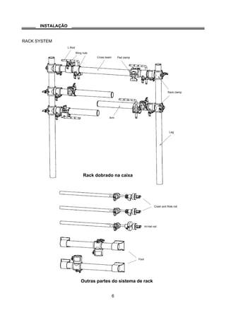 INSTALAÇÃO
RACK SYSTEM
L-Rod
Wing nuts
Cross beam Pad clamp
Rack clamp
Arm
Leg
Rack dobrado na caixa
Crash and Ride rod
Hi-Hat rod
Foot
Outras partes do sistema de rack
6
 