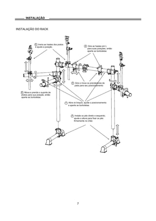 INSTALAÇÃO
INSTALAÇÃO DO RACK
5 Insira as hastes dos pratos
e ajuste a posição 4 Gire as hastes em L
para suas posições, então
aperte as borboletas
3 Gire e mova os prendedores de
pads para seu posicionamento
6 Mova e prenda o suporte de
pratos para sua posição, então
aperte as borboletas
1 Abra os braços, ajuste o posicionamento
e aperte as borboletas
2 Instale os pés direito e esquerdo,
ajuste a altura para fixar os pés
firmemente no chão
7
 