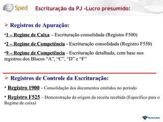 Escrituração da PJ -Lucro presumido:

 Registros de Apuração:
•1 – Regime de Caixa – Escrituração consolidada (Registro F500)
•2 – Regime de Competência - Escrituração consolidada (Registro F550)
•9 – Regime de Competência - Escrituração detalhada, com base nos
registros dos Blocos “A”, “C”, “D” e “F”


 Registros de Controle da Escrituração:
• Registro 1900 - Consolidação dos documentos emitidos no período
• Registro F525 – Demonstração da origem da receita recebida (Específico para o
Regime de caixa)
 
