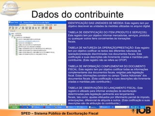 Dados do contribuinte IDENTIFICAÇÃO DAS UNIDADES DE MEDIDA: Este registro tem por objetivo descrever as unidades de medidas utilizadas no arquivo digital.  TABELA DE IDENTIFICAÇÃO DO ITEM (PRODUTO E SERVIÇOS): Este registro tem por objetivo informar mercadorias, serviços, produtos ou quaisquer outros itens concernentes às transações fiscais. TABELA DE NATUREZA DA OPERAÇÃO/PRESTAÇÃO: Este registro tem por objetivo codificar os textos das diferentes naturezas da operação/prestação discriminadas nos documentos fiscais. Esta codificação e suas descrições são livremente criadas e mantidas pelo contribuinte. (Este registro não se refere ao CFOP) TABELA DE INFORMAÇÃO COMPLEMENTAR DO DOCUMENTO FISCAL: Este registro tem por objetivo codificar todas as informações complementares dos documentos fiscais, exigidas pela legislação fiscal. Estas informações constam no campo “Dados Adicionais” dos documentos fiscais. (Esta codificação e suas descrições são livremente criadas e mantidas pelo contribuinte.) TABELA DE OBSERVAÇÕES DO LANÇAMENTO FISCAL: Este registro é utilizado para informar anotações de escrituração determinadas pela legislação pertinente aos lançamentos fiscais, tais como: ajustes efetuados por diferimento parcial de imposto, antecipações, diferencial de alíquota e outros. (Esta codificação e suas descrições são de atribuição do contribuinte.) 