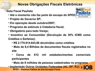 Novas Obrigações Fiscais Eletrônicas Nota Fiscal Paulista Até o momento não faz parte do escopo do SPED; Projeto do Governo SP; Em operação desde outubro/2007; Programa de estímulo à Cidadania fiscal; Obrigatório para todo Varejo; Incentivo ao Consumidor (Devolução de 30% ICMS como Créditos e Sorteios); R$ 2.770.014.643,96 devolvidos como créditos Mais de 8,4 Bilhões de documentos fiscais registrados no site Cerca de 612 mil estabelecimentos comerciais participantes Mais de 8 milhões de pessoas cadastradas no programa Implantado Outras Unidades Federadas (AL, DF, RJ); 
