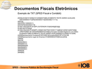Documentos Fiscais Eletrônicos Exemplo de TXT (SPED Fiscal e Contábil): |0000|LECD|01012006|31012006|ESTABELECIMENTO TESTE DIÁRIO AUXILIAR|00910509000171|SP|535054653118|3550308|111111|| |0001|0| |0007|PR|1100002511| |0007|SP|535054653118| |0150|1-OS2328-PFJ010|PFJ EXTERIOR 010|00249||||EX|||||| |0180|10|01072005|| |0150|2-OS2328-PFJ009|PFJ 009|00105|77623163001712|||BA|01205921||2927408||| |J900|TERMO DE ENCERRAMENTO|100|Escrituração Contábil Digital do Livro Diário Auxiliar|ESTABELECIMENTO TESTE DIÁRIO AUXILIAR|85|01012006|31012006| |J930|Representante Contador|57287228815|Contador|900|1SP10734108| |J930|Representante Legal da Empresa XYZ|00908442700|Diretor|203|| |J990|5| |9001|0| |9900|J990|1| |9900|9001|1| |9900|9900|26| |9900|9990|1| |9900|9999|1| |9990|29| |9999|85| 