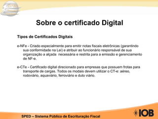Sobre o certificado Digital Tipos de Certificados Digitais e-NFe - Criado especialmente para emitir notas fiscais eletr ôn icas (garantindo sua conformidade na Lei) e atribuir ao funcion ár io respons áv el de sua organiza çã o a al çada  necess ár ia e restrita para a emiss ão  e gerenciamento de NF-e. e-CTe - Certificado digital direcionado para empresas que possuem frotas para transporte de cargas. Todos os modais devem utilizar o CT-e: a ér eo, rodovi ár io, aquavi ár io, ferrovi ár io e duto vi ár io. 