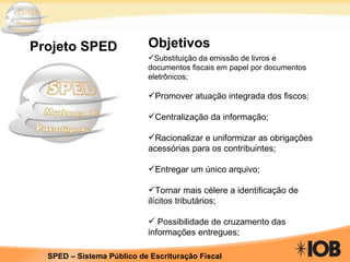 Projeto SPED Substituição da emissão de livros e documentos fiscais em papel por documentos eletrônicos; Promover atuação integrada dos fiscos; Centralização da informação; Racionalizar e uniformizar as obrigações acessórias para os contribuintes; Entregar um único arquivo; Tornar mais célere a identificação de ilícitos tributários; Possibilidade de cruzamento das informações entregues; Objetivos 