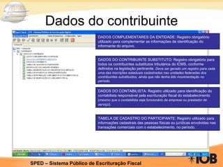 Dados do contribuinte DADOS COMPLEMENTARES DA ENTIDADE: Registro obrigatório utilizado para complementar as informações de identificação do informante do arquivo. DADOS DO CONTRIBUINTE SUBSTITUTO: Registro obrigatório para todos os contribuintes substitutos tributários do ICMS, conforme definidos na legislação pertinente.  Deve ser gerado um registro para cada uma das inscrições estaduais cadastradas nas unidades federadas dos contribuintes substituídos, ainda que não tenha tido movimentação no período. DADOS DO CONTABILISTA: Registro utilizado para identificação do contabilista responsável pela escrituração fiscal do estabelecimento ( mesmo que o contabilista seja funcionário da empresa ou prestador de serviço ). TABELA DE CADASTRO DO PARTICIPANTE: Registro utilizado para informações cadastrais das pessoas físicas ou jurídicas envolvidas nas transações comerciais com o estabelecimento, no período. 