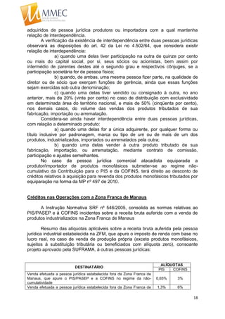 18
adquiridos de pessoa jurídica produtora ou importadora com a qual mantenha
relação de interdependência.
A verificação da existência de interdependência entre duas pessoas jurídicas
observará as disposições do art. 42 da Lei no 4.502/64, que considera existir
relação de interdependência:
a) quando uma delas tiver participação na outra de quinze por cento
ou mais do capital social, por si, seus sócios ou acionistas, bem assim por
intermédio de parentes destes até o segundo grau e respectivos cônjuges, se a
participação societária for de pessoa física;
b) quando, de ambas, uma mesma pessoa fizer parte, na qualidade de
diretor ou de sócio que exerçam funções de gerência, ainda que essas funções
sejam exercidas sob outra denominação;
c) quando uma delas tiver vendido ou consignado à outra, no ano
anterior, mais de 20% (vinte por cento) no caso de distribuição com exclusividade
em determinada área do território nacional, e mais de 50% (cinqüenta por cento),
nos demais casos, do volume das vendas dos produtos tributados de sua
fabricação, importação ou arrematação.
Considera-se ainda haver interdependência entre duas pessoas jurídicas,
com relação a determinado produto:
a) quando uma delas for a única adquirente, por qualquer forma ou
título inclusive por padronagem, marca ou tipo de um ou de mais de um dos
produtos, industrializados, importados ou arrematados pela outra;
b) quando uma delas vender à outra produto tributado de sua
fabricação, importação, ou arrematação, mediante contrato de comissão,
participação e ajustes semelhantes.
No caso da pessoa jurídica comercial atacadista equiparada a
produtor/importador de produtos monofásicos submeter-se ao regime não-
cumulativo da Contribuição para o PIS e da COFINS, terá direito ao desconto de
créditos relativos à aquisição para revenda dos produtos monofásicos tributados por
equiparação na forma da MP nº 497 de 2010.
Créditos nas Operações com a Zona Franca de Manaus
A Instrução Normativa SRF nº 546/2005, consolida as normas relativas ao
PIS/PASEP e à COFINS incidentes sobre a receita bruta auferida com a venda de
produtos industrializados na Zona Franca de Manaus
Resumo das alíquotas aplicáveis sobre a receita bruta auferida pela pessoa
jurídica industrial estabelecida na ZFM, que apure o imposto de renda com base no
lucro real, no caso de venda de produção própria (exceto produtos monofásicos,
sujeitos à substituição tributária ou beneficiados com alíquota zero), consoante
projeto aprovado pela SUFRAMA, à outras pessoas jurídicas:
DESTINATÁRIO
ALÍQUOTAS
PIS COFINS
Venda efetuada a pessoa jurídica estabelecida fora da Zona Franca de
Manaus, que apure o PIS/PASEP e a COFINS no regime da não-
cumulatividade
0,65% 3%
Venda efetuada a pessoa jurídica estabelecida fora da Zona Franca de 1,3% 6%
 