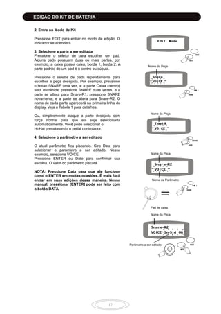17
2. Entre no Modo de Kit
Pressione EDIT para entrar no modo de edição. O
indicador se acenderá.
3. Selecione a parte a ser editada
Pressione o seletor de para escolher um pad.
Alguns pads possuem duas ou mais partes, por
exemplo, a caixa possui caixa, borda 1, borda 2. A
parte padrão de um pad é o centro ou cúpula.
Pressione o seletor de pads repetidamente para
escolher a peça desejada. Por exemplo, pressione
o botão SNARE uma vez, e a parte Caixa (centro)
será escolhida; pressione SNARE duas vezes, e a
parte se altera para Snare-R1; pressione SNARE
novamente, e a parte se altera para Snare-R2. O
nome de cada parte aparecerá na primeira linha do
display. Veja a Tabela 1 para detalhes.
Ou, simplesmente ataque a parte desejada com
força normal para que ela seja selecionada
automaticamente. Você pode selecionar o
Hi-Hat pressionando o pedal controlador.
4. Selecione o parâmetro a ser editado
O atual parâmetro fica piscando. Gire Data para
selecionar o parâmetro a ser editado. Nesse
exemplo, selecione VOICE.
Pressione ENTER ou Date para confirmar sua
escolha. O valor do parâmetro piscará.
NOTA: Pressione Data para que ele funcione
como o ENTER em muitas ocasiões. É mais fácil
entrar em suas edições dessa maneira. Nesse
manual, pressionar [ENTER] pode ser feito com
o botão DATA.
Nome da Peça
Nome da Peça
Nome da Peça
Nome da Peça
Nome da Parâmetro
Pad de caixa
Parâmetro a ser editado
EDIÇÃO DO KIT DE BATERIA
 