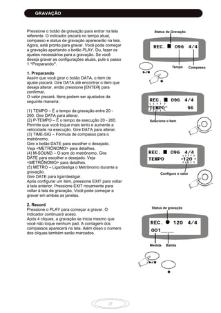 27
Pressione o botão de gravação para entrar na tela
referente. O indicador piscará no tempo atual,
compasso e status de gravação aparecerão na tela.
Agora, está pronto para gravar. Você pode começar
a gravação apertando o botão PLAY. Ou, fazer os
ajustes necessários para a gravação. Se você
deseja gravar as configurações atuais, pule o passo
1 “Preparando”.
1. Preparando
Assim que você girar o botão DATA, o item de
ajuste piscará. Gire DATA até encontrar o item que
deseja alterar, então pressione [ENTER] para
confirmar.
O valor piscará. Itens podem ser ajustados da
seguinte maneira:
(1) TEMPO – É o tempo da gravação entre 20 -
260. Gire DATA para alterar.
(2) P-TEMPO – É o tempo de execução 20 - 260.
Permite que você toque mais lento e aumente a
velocidade na execução. Gire DATA para alterar.
(3) TIME-SIG – Fórmula de compasso para o
metrônomo.
Gire o botão DATE para escolher o desejado.
Veja <METRÔNOMO> para detalhes.
(4) M-SOUND – O som do metrônomo. Gire
DATE para escolher o desejado. Veja
<METRÔNOMO> para detalhes.
(5) METRO – Liga/desliga o Metrônomo durante a
gravação.
Gire DATE para ligar/desligar.
Após configurar um item, pressione EXIT para voltar
à tela anterior. Pressione EXIT novamente para
voltar à tela de gravação. Você pode começar a
gravar em ambas as janelas.
2. Record
Pressione o PLAY para começar a gravar. O
indicador continuará aceso.
Após 4 cliques, a gravação se inicia mesmo que
você não toque nenhum pad. A contagem dos
compassos aparecerá na tela. Além disso o número
dos cliques também serão marcados.
Status da Gravação
Tempo Compasso
Selecione o item
Configure o valor
Status de gravação
Medida Batida
GRAVAÇÃO
 