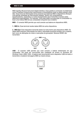 29
MIDI significa Musical Instrument Digital Interface. Esse padrão é conhecido mundialmente
como a interface musical entre instrumentos e computadores onde os dados passam entre
eles. Essa troca de informações torna possível que sistemas MIDI e dispositivos ofereçam
uma grande variedade de instrumentos isolados. Sendo com computadores,
sequenciadores, expansões ou outros equipamentos seus horizontes musicais serão
altamente engrandecidos. Por exemplo, você pode editar sua execução no computador ou
tocar uma música MIDI de seu computador enquanto toca a bateria.
MIDI – O conector MIDI permite que você conecte sua bateria em dispositivos MIDI.
1. MIDI In: Esse terminal recebe dados MIDI de outros dispositivos.
2. MIDI Out: Esse dispositivo transmite dados do instrumento para dispositivos MIDI. Os
dados MIDI possuem informações de notas e velocidade enquanto tocados com a bateria,
bem como as alterações de vozes e execuções de gravações. Músicas DEMO não
transmitem.
USB - O conector USB permite que você conecte a bateria diretamente em seu
computador. Ela pode ser comunicada sem instalação de drivers no Windows XP,
Windows Vista e MAC OSX. A bateria será reconhecida como dispositivo USB de áudio e
transmitirá e receberá mensagens MIDI ao mesmo tempo.
MIDI E USB
 