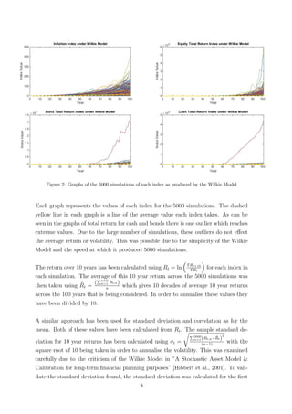 Figure 2: Graphs of the 5000 simulations of each index as produced by the Wilkie Model
Each graph represents the values of each index for the 5000 simulations. The dashed
yellow line in each graph is a line of the average value each index takes. As can be
seen in the graphs of total return for cash and bonds there is one outlier which reaches
extreme values. Due to the large number of simulations, these outliers do not eﬀect
the average return or volatility. This was possible due to the simplicity of the Wilkie
Model and the speed at which it produced 5000 simulations.
The return over 10 years has been calculated using Rt = ln TRt+10
TRt
for each index in
each simulation. The average of this 10 year return across the 5000 simulations was
then taken using ¯Rt =
( 5000
n=1 Rt,n)
n
which gives 10 decades of average 10 year returns
across the 100 years that is being considered. In order to annualise these values they
have been divided by 10.
A similar approach has been used for standard deviation and correlation as for the
mean. Both of these values have been calculated from Rt. The sample standard de-
viation for 10 year returns has been calculated using σt =
5000
n=1 (Rt,n− ¯Rt)
2
(n−1)
with the
square root of 10 being taken in order to annualise the volatility. This was examined
carefully due to the criticism of the Wilkie Model in ”A Stochastic Asset Model &
Calibration for long-term ﬁnancial planning purposes” [Hibbert et al., 2001]. To vali-
date the standard deviation found, the standard deviation was calculated for the ﬁrst
8
 