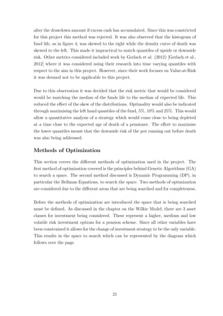 alter the drawdown amount if excess cash has accumulated. Since this was constricted
for this project this method was rejected. It was also observed that the histogram of
fund life, as in ﬁgure 4, was skewed to the right while the density curve of death was
skewed to the left. This made it impractical to match quantiles of upside or downside
risk. Other metrics considered included work by Gerlach et al. (2012) [Gerlach et al.,
2012] where it was considered using their research into time varying quantiles with
respect to the aim in this project. However, since their work focuses on Value-at-Risk
it was deemed not to be applicable to this project.
Due to this observation it was decided that the risk metric that would be considered
would be matching the median of the funds life to the median of expected life. This
reduced the eﬀect of the skew of the distributions. Optimality would also be indicated
through maximising the left hand quantiles of the fund, 5%, 10% and 25%. This would
allow a quantitative analysis of a strategy which would come close to being depleted
at a time close to the expected age of death of a pensioner. The eﬀort to maximise
the lower quantiles meant that the downside risk of the pot running out before death
was also being addressed.
Methods of Optimization
This section covers the diﬀerent methods of optimization used in the project. The
ﬁrst method of optimization covered is the principles behind Genetic Algorithms (GA)
to search a space. The second method discussed is Dynamic Programming (DP), in
particular the Bellman Equations, to search the space. Two methods of optimization
are considered due to the diﬀerent areas that are being searched and for completeness.
Before the methods of optimization are introduced the space that is being searched
must be deﬁned. As discussed in the chapter on the Wilkie Model, there are 3 asset
classes for investment being considered. These represent a higher, medium and low
volatile risk investment options for a pension scheme. Since all other variables have
been constrained it allows for the change of investment strategy to be the only variable.
This results in the space to search which can be represented by the diagram which
follows over the page.
21
 