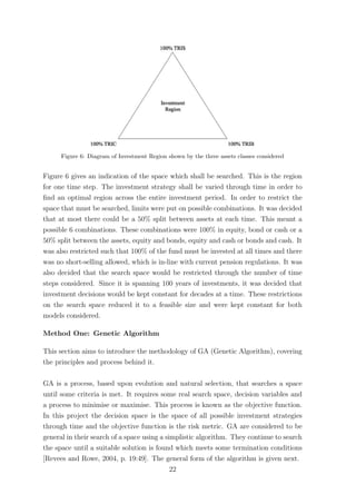 Figure 6: Diagram of Investment Region shown by the three assets classes considered
Figure 6 gives an indication of the space which shall be searched. This is the region
for one time step. The investment strategy shall be varied through time in order to
ﬁnd an optimal region across the entire investment period. In order to restrict the
space that must be searched, limits were put on possible combinations. It was decided
that at most there could be a 50% split between assets at each time. This meant a
possible 6 combinations. These combinations were 100% in equity, bond or cash or a
50% split between the assets, equity and bonds, equity and cash or bonds and cash. It
was also restricted such that 100% of the fund must be invested at all times and there
was no short-selling allowed, which is in-line with current pension regulations. It was
also decided that the search space would be restricted through the number of time
steps considered. Since it is spanning 100 years of investments, it was decided that
investment decisions would be kept constant for decades at a time. These restrictions
on the search space reduced it to a feasible size and were kept constant for both
models considered.
Method One: Genetic Algorithm
This section aims to introduce the methodology of GA (Genetic Algorithm), covering
the principles and process behind it.
GA is a process, based upon evolution and natural selection, that searches a space
until some criteria is met. It requires some real search space, decision variables and
a process to minimise or maximise. This process is known as the objective function.
In this project the decision space is the space of all possible investment strategies
through time and the objective function is the risk metric. GA are considered to be
general in their search of a space using a simplistic algorithm. They continue to search
the space until a suitable solution is found which meets some termination conditions
[Revees and Rowe, 2004, p. 19:49]. The general form of the algorithm is given next.
22
 