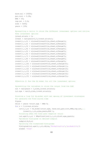 base sal = 20000;
pen cont = 0.08;
NRA = 65;
rep rat = 0.6;
sims = 5000;
years = 100;
%presetting a vector to store the different investment options and retrive
%the investment options
invest strats = 2;
invest = nan(years+1,3,invest strats);
invest(:,:,1) = xlsread(investfile,sheet,xlRange1);
invest(:,:,2) = xlsread(investfile,sheet,xlRange2);
invest(:,:,3) = xlsread(investfile,sheet,xlRange3);
invest(:,:,4) = xlsread(investfile,sheet,xlRange4);
invest(:,:,5) = xlsread(investfile,sheet,xlRange5);
invest(:,:,6) = xlsread(investfile,sheet,xlRange6);
invest(:,:,7) = xlsread(investfile,sheet,xlRange7);
invest(:,:,8) = xlsread(investfile,sheet,xlRange8);
invest(:,:,9) = xlsread(investfile,sheet,xlRange9);
invest(:,:,10) = xlsread(investfile,sheet,xlRange10);
invest(:,:,11) = xlsread(investfile,sheet,xlRange11);
invest(:,:,12) = xlsread(investfile,sheet,xlRange12);
invest(:,:,13) = xlsread(investfile,sheet,xlRange13);
invest(:,:,14) = xlsread(investfile,sheet,xlRange14);
invest(:,:,15) = xlsread(investfile,sheet,xlRange15);
%%Section 2: Run the AL model for all the investment options
%presetting the variables to store the output from the ALM
out = nan(years + 1,sims,invest strats);
out age = nan(1,sims,invest strats);
%running a loop for AL model with set amoung of investment strategies
%to generate the Fund across time
figure
nbins = years +start age - NRA-3;
for z = 1:invest strats
out(:,:,z) = AL model(start age, base sal,pen cont,NRA,rep rat,...
invest(:,:,z),sims,years,ESG );
%counting when the fund goes negative (ruin)
out age(1,:,z) = WhenCount(out(:,:,z),start age,years);
%produces histogram on desired subplot
subplot(4,4,z)
%plotting the normalised histograms
histogram(out age(:,:,z),nbins,'Normalization','probability')
xlabel 'Time'
63
 