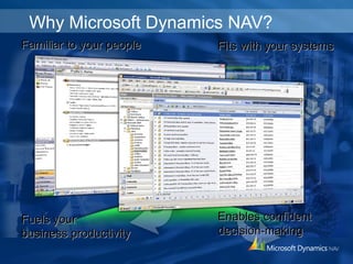 7
Why Microsoft Dynamics NAV?
Familiar to your peopleFamiliar to your people Fits with your systemsFits with your systems
Fuels yourFuels your
business productivitybusiness productivity
Enables confidentEnables confident
decision-makingdecision-making
 
