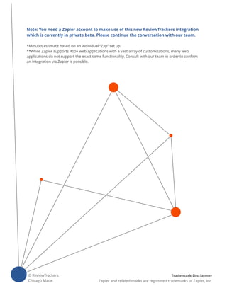 Note: You need a Zapier account to make use of this new ReviewTrackers integration
which is currently in private beta. Please continue the conversation with our team.
*Minutes estimate based on an individual “Zap” set up. 
**While Zapier supports 400+ web applications with a vast array of customizations, many web
applications do not support the exact same functionality. Consult with our team in order to conﬁrm
an integration via Zapier is possible.
Trademark Disclaimer
Zapier and related marks are registered trademarks of Zapier, Inc.
© ReviewTrackers
Chicago Made.
 