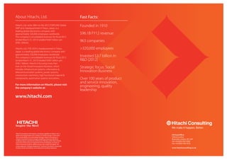 About Hitachi, Ltd.
Hitachi Consulting is the business consulting capability of Hitachi, Ltd., a
global technology leader and a catalyst of societal change. In that same
spirit-and building on its technology heritage-Hitachi Consulting is a
catalyst of positive business change, propelling companies ahead by
enabling superior operational performance. Working within their existing
processes and focusing on targeted functional challenges, we help our
clients respond to dynamic global change with insight and agility. Our
unique approach-‘strategic pragmatism’- produces consistent, measurable
business results and delivers an exceptional consulting experience.
Hitachi, Ltd. ranks 38th on the 2012 FORTUNE Global
500® and, headquartered in Tokyo, Japan, is a
leading global electronics company with
approximately 326,000 employees worldwide.
The company’s consolidated revenues for fiscal 2012
(ended March 31, 2013) totalled 9,041 billion yen
($96.1 billion).
Hitachi, Ltd. (TSE: 6501), headquartered in Tokyo,
Japan, is a leading global electronics company with
approximately 326,000 employees worldwide.
The company’s consolidated revenues for fiscal 2012
(ended March 31, 2013) totalled 9,041 billion yen
($96.1 billion). Hitachi is focusing more than
ever on the Social Innovation Business, which
includes infrastructure systems, information &
telecommunication systems, power systems,
construction machinery, high functional material &
components, automotive systems and others.
For more information on Hitachi, please visit
the company’s website at:
www.hitachi.com
Fast Facts:
Founded in 1910
$96.1B FY12 revenue
963 companies
>320,000 employees
Invested $3.7 billion in
R&D (2012)
Strategic focus: Social
Innovation Business
Over 100 years of product
and service innovation,
engineering, quality
leadership
 