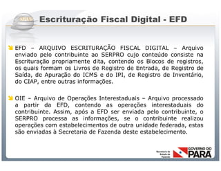 Escrituração Fiscal Digital - EFD


 EFD – ARQUIVO ESCRITURAÇÃO FISCAL DIGITAL – Arquivo
  enviado pelo contribuinte ao SERPRO cujo conteúdo consiste na
  Escrituração propriamente dita, contendo os Blocos de registros,
  os quais formam os Livros de Registro de Entrada, de Registro de
  Saída, de Apuração do ICMS e do IPI, de Registro de Inventário,
  do CIAP, entre outras informações.


 OIE – Arquivo de Operações Interestaduais – Arquivo processado
  a partir da EFD, contendo as operações interestaduais do
  contribuinte. Assim, após a EFD ser enviada pelo contribuinte, o
  SERPRO processa as informações, se o contribuinte realizou
  operações com estabelecimentos de outra unidade federada, estas
  são enviadas à Secretaria de Fazenda deste estabelecimento.



                      Sistema Público de Escrituração Digital
 