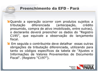 Preenchimento da EFD - Pará


 Quando a operação ocorrer com produtos sujeitos a
 tributação     diferenciada   (antecipação,     crédito
 presumido, compra de ativo imobilizado, entre outras),
 o declarante deverá preencher os dados do "Registro
 C195”, que equivale a observação do lançamento
 fiscal.
 Em seguida o contribuinte deve detalhar essas outras
 obrigações da tributação diferenciada, utilizando para
 tanto os códigos específicos da tabela de "Ajustes e
 Informações de Valores Provenientes de Documento
 Fiscal“. (Registro “C197”).


                 Sistema Público de Escrituração Digital
 