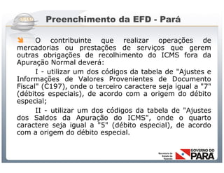 Preenchimento da EFD - Pará

     O contribuinte que realizar operações de
mercadorias ou prestações de serviços que gerem
outras obrigações de recolhimento do ICMS fora da
Apuração Normal deverá:
      I - utilizar um dos códigos da tabela de "Ajustes e
Informações de Valores Provenientes de Documento
Fiscal" (C197), onde o terceiro caractere seja igual a "7"
(débitos especiais), de acordo com a origem do débito
especial;
      II - utilizar um dos códigos da tabela de "Ajustes
dos Saldos da Apuração do ICMS", onde o quarto
caractere seja igual a "5" (débito especial), de acordo
com a origem do débito especial.



                 Sistema Público de Escrituração Digital
 