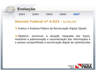 Evolução
  2003        2004          2005            2006        2007


Decreto Federal nº 6.022 -                     22/01/07

 Institui o Sistema Público de Escrituração Digital (Sped)


 Objetivo: promover a atuação integrada dos fiscos,
mediante a padronização e racionalização das informações e
o acesso compartilhado à escrituração digital de contribuintes




              Sistema Público de Escrituração Digital
 
