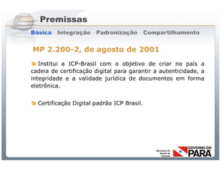 Premissas
Básica Integração        Padronização           Compartilhamento


MP 2.200-2, de agosto de 2001
 Institui a ICP-Brasil com o objetivo de criar no país a
cadeia de certificação digital para garantir a autenticidade, a
integridade e a validade jurídica de documentos em forma
eletrônica.


 Certificação Digital padrão ICP Brasil.




                Sistema Público de Escrituração Digital
 