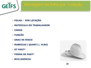 Montagem da folha por Lotação


 FOLHA - POR LOTAÇÃO

 MATRICULA DO TRABALHADOR

 CARGO

 FUNÇÃO

 GRAU DE RISCO

 RUBRICAS ( QUANT//, VLRS)

 DT PAGTº

 FORMA DE PAGTº

 BCO/AGENCIA

                               26
 