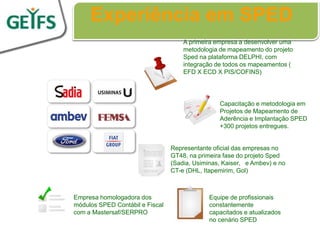Experiência em SPED
                                     A primeira empresa a desenvolver uma
                                     metodologia de mapeamento do projeto
                                     Sped na plataforma DELPHI, com
                                     integração de todos os mapeamentos (
                                     EFD X ECD X PIS/COFINS)




                                                 Capacitação e metodologia em
                                                 Projetos de Mapeamento de
                                                 Aderência e Implantação SPED
                                                 +300 projetos entregues.


                                 Representante oficial das empresas no
                                 GT48, na primeira fase do projeto Sped
                                 (Sadia, Usiminas, Kaiser, e Ambev) e no
                                 CT-e (DHL, Itapemirim, Gol)‫‏‬



Empresa homologadora dos                      Equipe de profissionais
módulos SPED Contábil e Fiscal                constantemente
com a Mastersaf/SERPRO                        capacitados e atualizados
                                              no cenário SPED
 