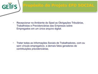 Propósito do Projeto EFD SOCIAL



•   Recepcionar no Ambiente do Sped as Obrigações Tributárias,
    Trabalhistas e Previdenciárias das Empresas sobre
    Empregados em um único arquivo digital.




•   Tratar todas as Informações Sociais de Trabalhadores, com ou
    sem vínculo empregatício, e demais fatos geradores de
    contribuições previdenciárias.
 