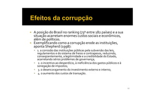 ¡    A posição do Brasil no ranking (73º entre 182 países) e a sua 
     situação acarretam enormes custos sociais e econômicos, 
     além de políticos. 
¡    Exemplificando como a corrupção erode as instituições, 
     aponta Shepherd (1998): 
     §  1. a corrosão das instituições públicas pela subversão das leis, 
        regulamentos e do sistema de freios e contrapesos, reduzindo, 
        conseqüentemente, a legitimidade e a credibilidade do Estado, 
        acarretando sérios problemas de governança; 
     §  2. o incentivo ao desperdício, à ineficiência dos gastos públicos e à 
        sonegação de impostos; 
     §  3. o desencorajamento do investimento externo e interno; 
     §  4. o aumento dos custos de transação. 




                                                                                 11
 