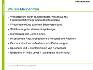www.oeko.de

Weitere Maßnahmen
●

Wasserzufuhr durch Hubschrauber, Wasserwerfer,
Feuerlöschfahrzeuge und Autobetonpumpe

●

Wiederherstellung externen Stromversorgung

●

Stabilisierung der Wassereinspeisungen

●

Inertisierung der Containments

●

Inspektionen Reaktorgebäude mit Personal und Robotern

●

Dekontaminationsmaßnahmen und Einhausungen

●

Speichern und Dekontaminieren von Kühlwasser

●

Einstufung in INES Level 7 (bislang nur Tschernobyl)

Fukushima und kein Ende│C. Pistner│Darmstadt│07.10.2013

35

 