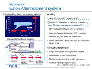 3
3SAE INDIA International Mobility Engineering Congress & Exposition, 2009, Chennai
Introduction
Eaton Aftertreatment system
NOx < 0.27 gm/kW-h
PM < 0.02 gm/kW-h
Working
• Lean NOX Trap (LNT) stores the NOX
• During LNT regeneration, Reformer produces H2
and CO, which are used to purge the LNT
• LNT releases the NOX as Nitrogen and NH3
• Selective Catalytic Reduction (SCR) uses the
released NH3 and treats the slipped NOX
• Diesel Particulate Filter (DPF) traps the Particulate
Matter (PM)
Product Differentiator
• Single fluid system [Dosing System needed]
• Independent of urea infrastructure
• Flexible, customized and smaller packaging
• Scalable with engine power (size)
# Ref: Hu, DEER Conf 2006, McCarthy, SAE2009-01-2835
Emission Regulation for Highway Vehicle#
Eaton Aftertreatment System#
 
