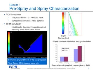 8
8SAE INDIA International Mobility Engineering Congress & Exposition, 2009, Chennai
0
10
20
30
40
50
60
70
80
Half Cone Angle ( Deg) SMD(Micron)
Experiment
Simulation
fuel
Air
• VOF Simulation
• Turbulence Model : κ−ε RNG and RSM
• Surface Reconstruction : HRIC Scheme
• DPM Simulation
• Initial Droplet Diameter through Linearized
Instability Sheet Atomization model
• Initial distribution follows the Rosin-Rammler
Distribution
Results :
Pre-Spray and Spray Characterization
Effect of turbulence model: a) κ−ε model b)
RSM model
Formation of Liquid Sheet at the exit of injector
Time Taken: 20-30 days on same m/c
Comparison of spray half cone angle and SMD
Droplet diameter distribution through simulation
Droplet
Diameter (µm)
 