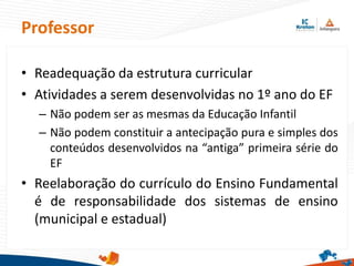 Professor
• Readequação da estrutura curricular
• Atividades a serem desenvolvidas no 1º ano do EF
– Não podem ser as mesmas da Educação Infantil
– Não podem constituir a antecipação pura e simples dos
conteúdos desenvolvidos na “antiga” primeira série do
EF
• Reelaboração do currículo do Ensino Fundamental
é de responsabilidade dos sistemas de ensino
(municipal e estadual)
 