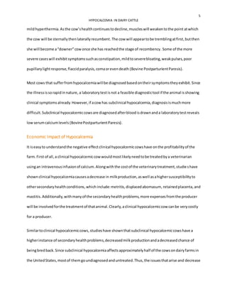 5
HYPOCALCEMIA IN DAIRY CATTLE
mildhyperthermia.Asthe cow’shealthcontinuestodecline,muscleswill weakentothe point atwhich
the cow will be sternallythenlaterallyrecumbent. The cow will appeartobe tremblingatfirst,butthen
she will become a“downer”cowonce she has reachedthe stage of recombency. Some of the more
severe caseswill exhibitsymptomssuchasconstipation,mildtoseverebloating,weakpulses,poor
pupillarylightresponse,flaccidparalysis,comaorevendeath (Bovine PostparturientParesis).
Most cows that sufferfromhypocalcemiawillbe diagnosedbasedontheirsymptomstheyexhibit.Since
the illnessissorapidinnature, a laboratorytestisnot a feasible diagnostictool if the animal isshowing
clinical symptomsalready.However,if acow has subclinical hypocalcemia,diagnosisismuchmore
difficult.Subclinical hypocalcemiccowsare diagnosedafterbloodisdrawnanda laboratorytestreveals
lowserumcalciumlevels (BovinePostparturientParesis).
Economic Impact of Hypocalcemia
It iseasyto understandthe negative effectclinical hypocalcemiccowshave onthe profitabilityof the
farm.First of all,a clinical hypocalcemiccow wouldmostlikelyneedtobe treatedbya veterinarian
usingan intravenousinfusionof calcium.Alongwiththe costof the veterinarytreatment,studieshave
shownclinical hypocalcemiacausesadecrease in milkproduction,aswell asahighersusceptibilityto
othersecondaryhealthconditions,which include:metritis,displacedabomasum, retainedplacenta, and
mastitis.Additionally,withmanyof the secondaryhealthproblems,more expensesfromthe producer
will be involvedforthe treatmentof thatanimal.Clearly,aclinical hypocalcemiccow canbe verycostly
for a producer.
Similartoclinical hypocalcemiccows, studieshave shownthat subclinical hypocalcemiccowshave a
higherinstance of secondaryhealthproblems,decreasedmilkproductionandadecreasedchance of
beingbredback.Since subclinical hypocalcemiaaffectsapproximatelyhalf of the cowsondairyfarmsin
the UnitedStates,mostof themgoundiagnosedanduntreated.Thus,the issuesthatarise and decrease
 
