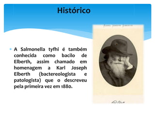  A Salmonella tyfhi é também
conhecida como bacilo de
Elberth, assim chamado em
homenagem a Karl Joseph
Elberth (bactereologista e
patologista) que o descreveu
pela primeira vez em 1880.
Histórico
 