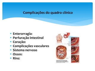  Enterorragia:
 Perfuração intestinal
 Coração:
 Complicações vasculares
 Sistema nervoso
 Ossos:
 Rins:
Complicações do quadro clínico
 